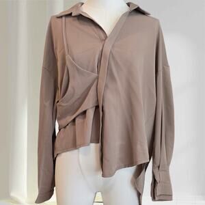 Women's Taupe Asymmetrical Button-up Blouse Sz. Medium
